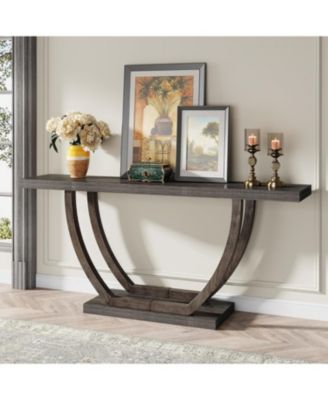 63-Inch Skinny Console Table with Geometric Base 2-Tier Farmhouse Sofa Table Narrow Long, Thickened Behind Couch Table with Shelves
