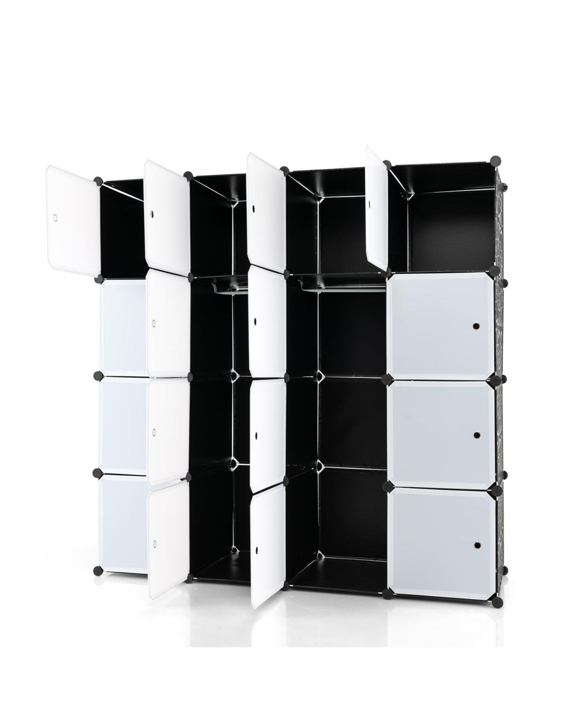 16-Cube Storage Organizer with 16 Doors and 2 Hanging Rods - White