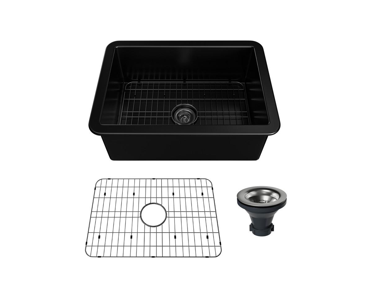 27" L x 19" W Undermount Single Bowl Fireclay Farmhouse Kitchen Sink with Sink Grid, Drain Assembly - Black