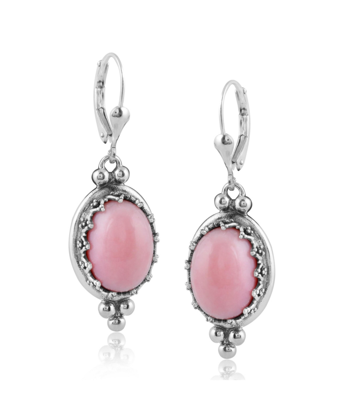 Genuine Gemstone Sterling Silver Crown Detail Lever Back Earring - Pink opal