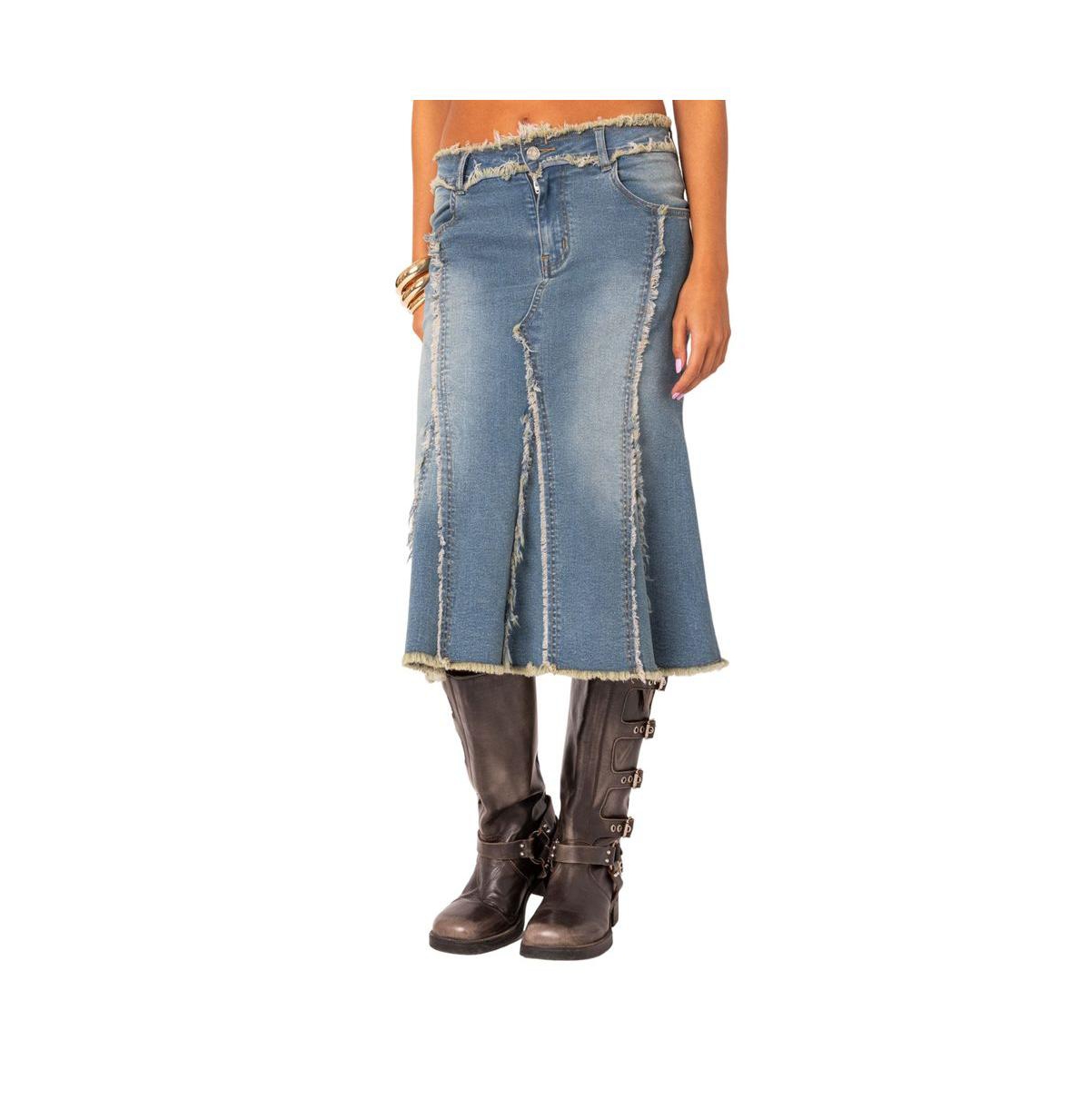 Edikted Women's Arabella Distressed Denim Midi Skirt - Blue-washed