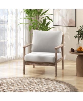 Modern Accent Chair with Solid Rubber Wood Armrests Cotton Linen Fabric Covers