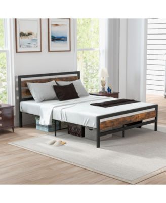 Queen Industrial Bed Frame with Rustic Headboard and Footboard-Queen Size