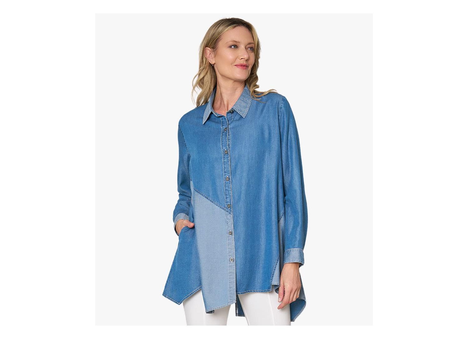 Women's Asymmetrical Denim Button-Front Shirt Top Crossroads Tunic