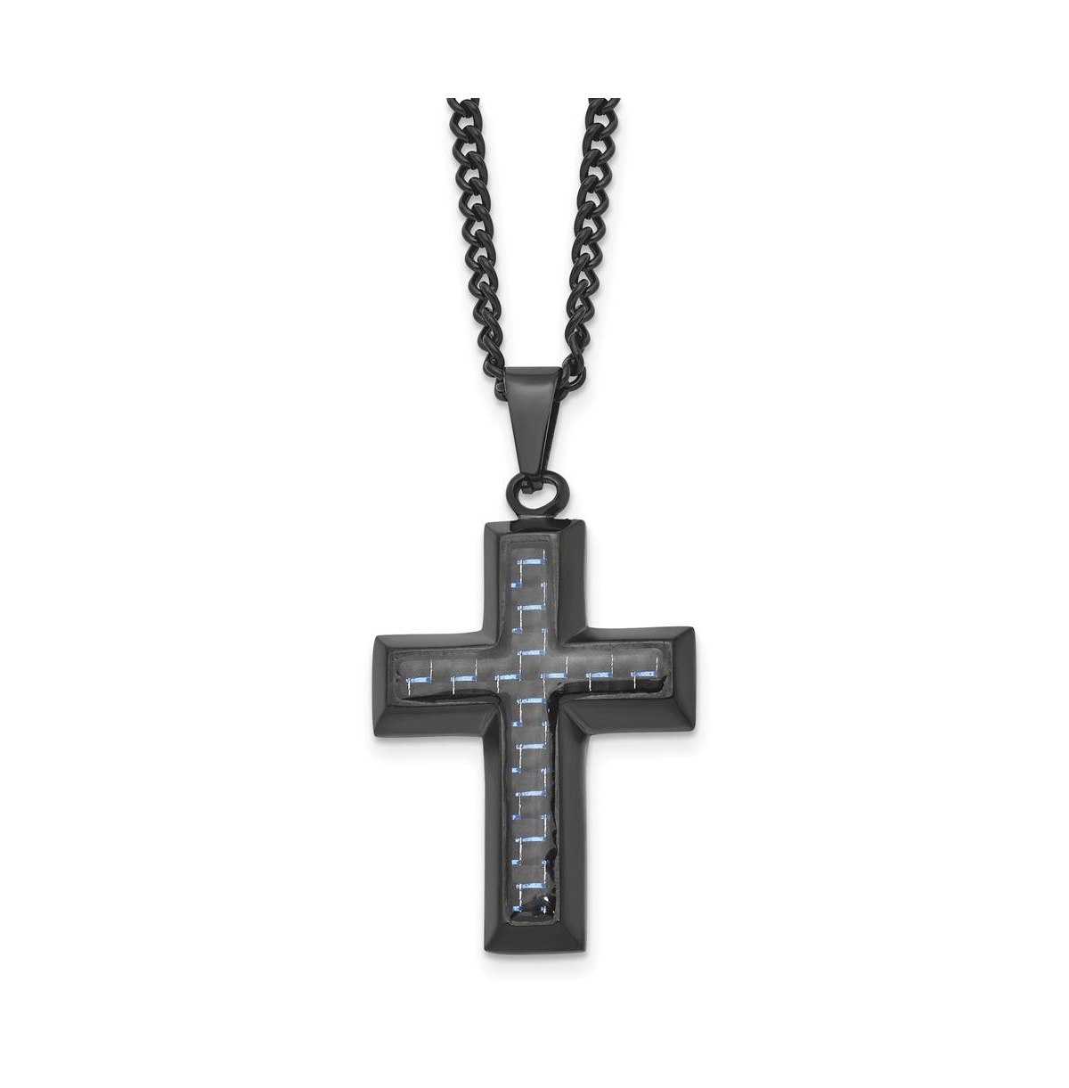 Blue Carbon Fiber Inlay Cross Pendant Curb Chain Necklace - Black