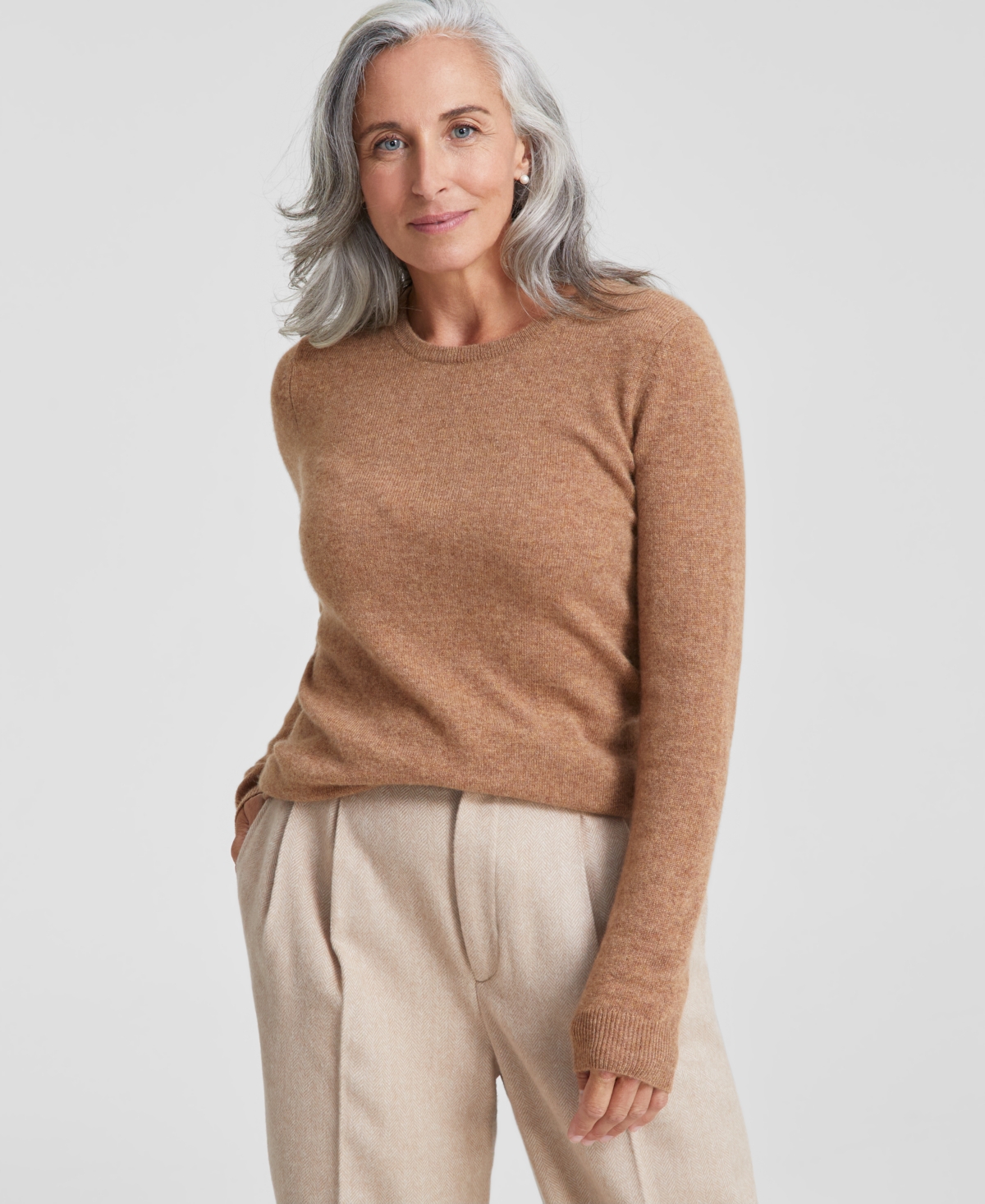 Charter Club 100% Cashmere Women's Petite Long-sleeve Crewneck Sweater, Created For Macy's In Warm Praline Heather