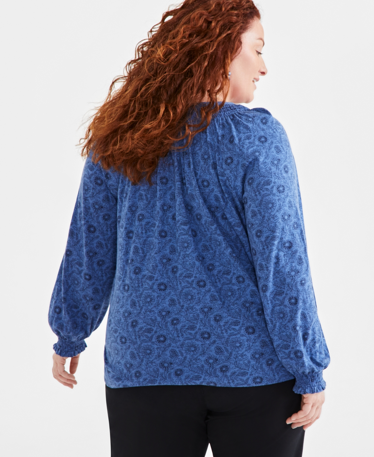 Style & Co Plus Size Floral-Print Smocked-Trim Top, Created for Macy's