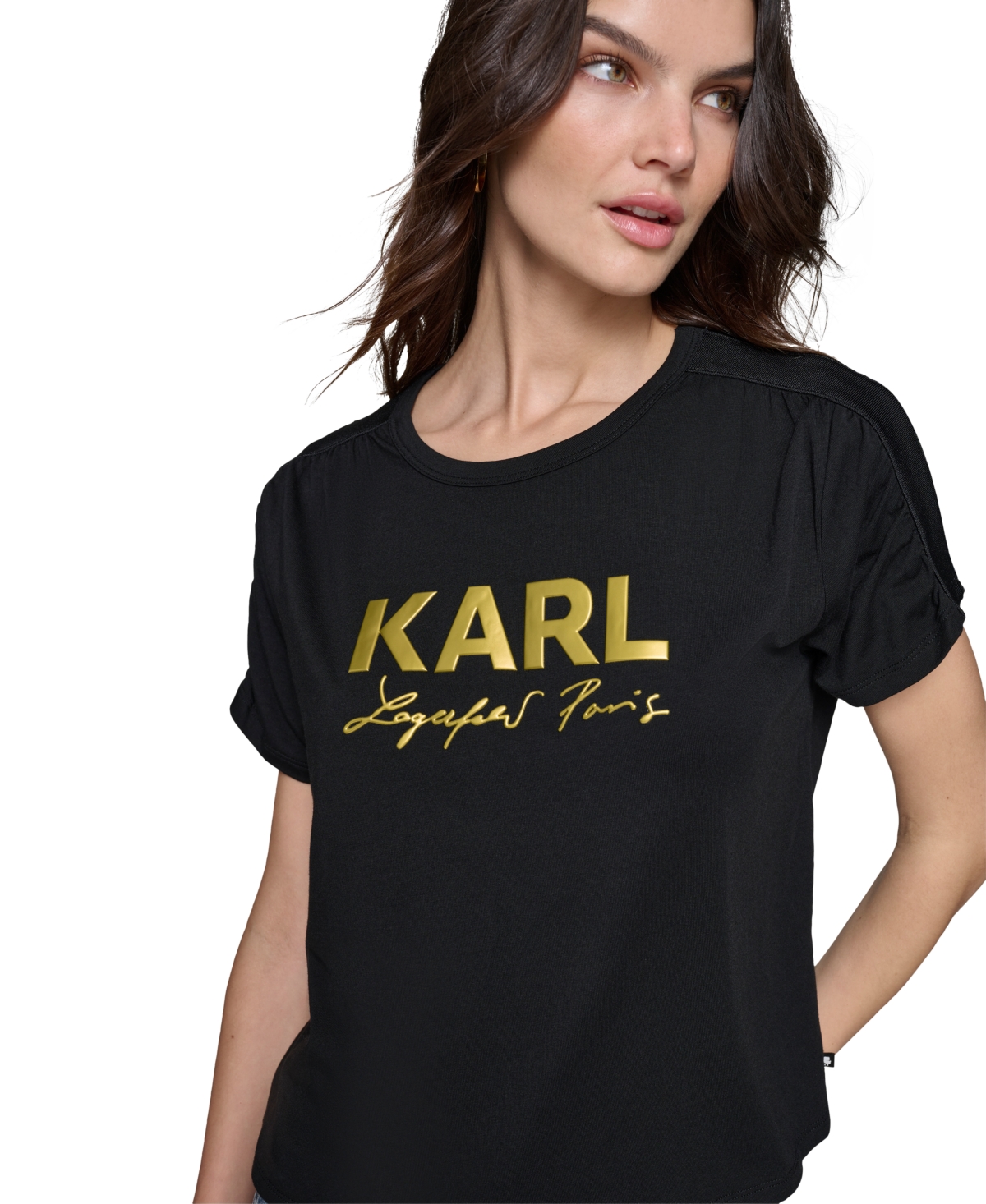 Karl Lagerfeld Paris Women's Metallic-Logo Ruched-Sleeve T-Shirt