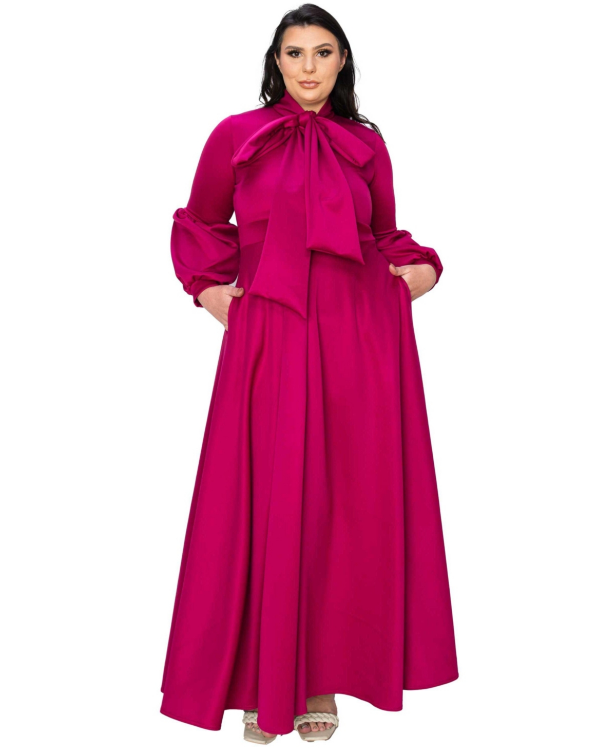 Plus Size Bella Donna Dress with Ribbon and Bishop Sleeves - Navy