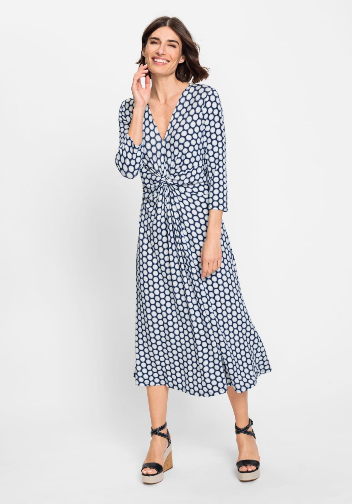 Women's 3/4 Sleeve A-Line Dot Print Midi Dress - Night blue