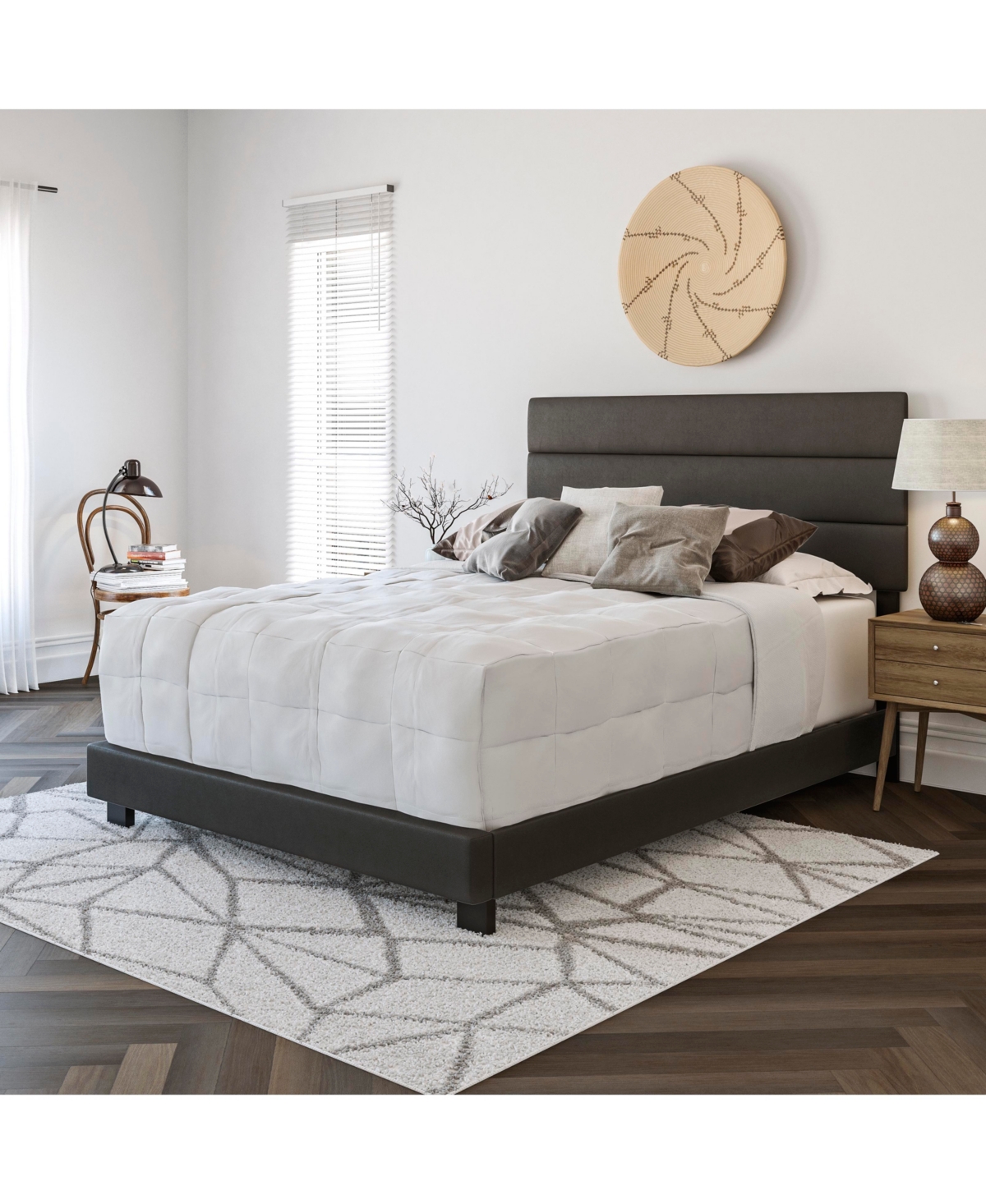 Boyd Sleep Napoli Upholstered Faux Leather Tri Panel Channel Headboard Platform Bed Frame, Twin,- Black