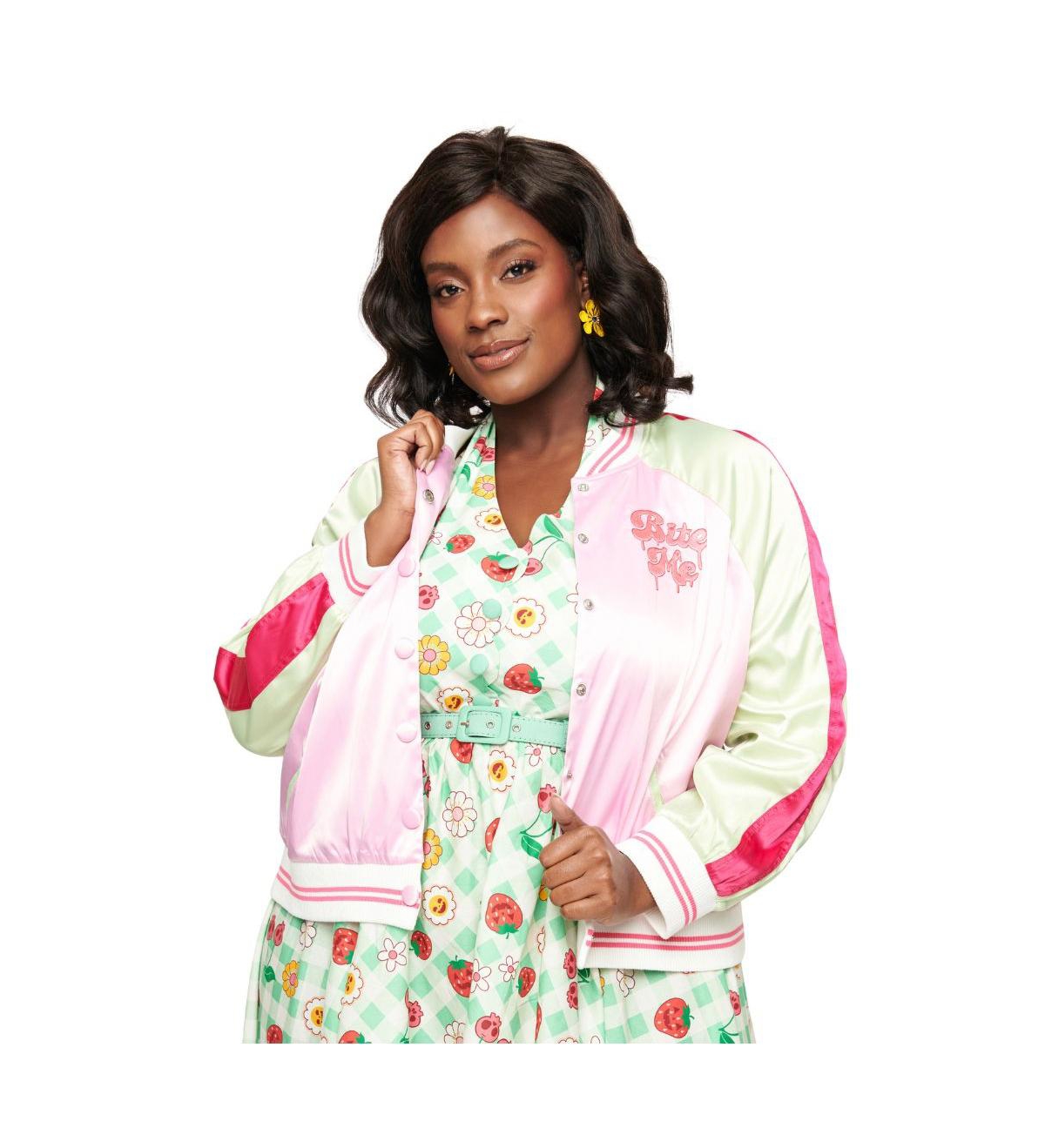 Plus Size Satin Bomber Jacket - Pink  green