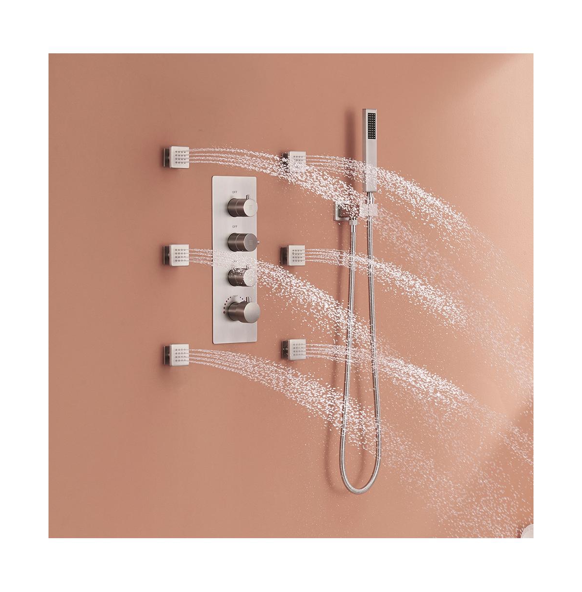 Mondawe Wall Mounted Thermostatic Complete Shower System Set with Handheld Spray & 6 Body Jets, Brushed Gold