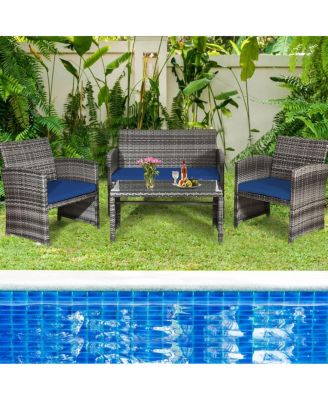4 Pieces Patio Rattan Furniture Set with Glass Table and Loveseat