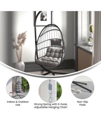Riley Foldable Woven Hanging Egg Chair With Removable Cushion And Stand For Indoor And Outdoor Use