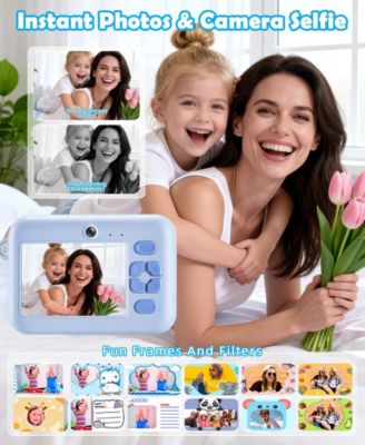 Kids Instant Print Camera 48MP with 16X Zoom, 1080P HD Video, Bluetooth, Dual Lens, 32GB Card & 4 Print Rolls