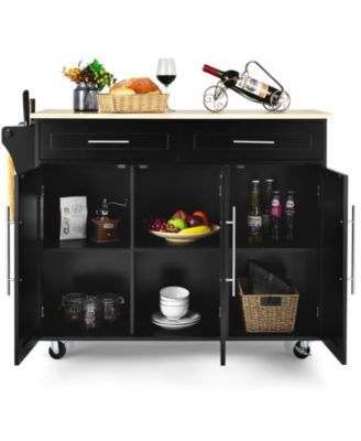 Kitchen Island Trolley Wood Top Rolling Storage Cabinet Cart with Knife Block