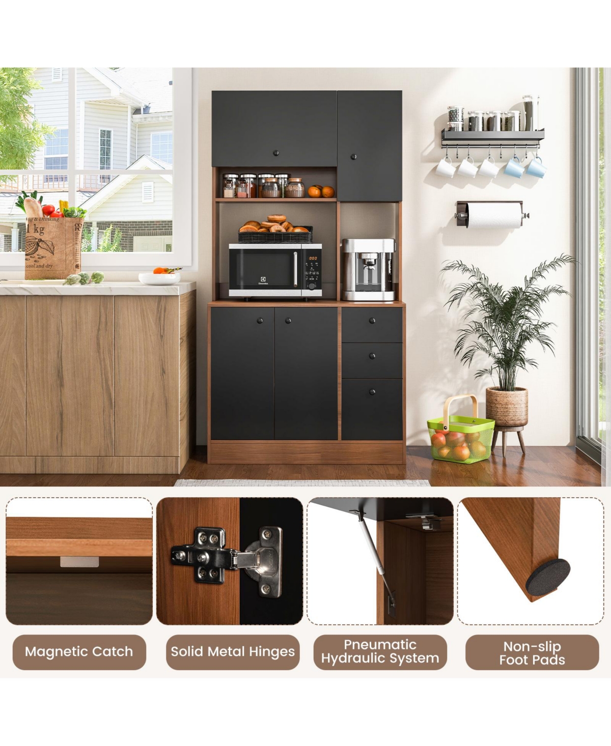 Sugift Kitchen Pantry with 3 Storage Cabinet and 3 Deep Drawers