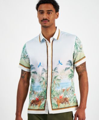 GUESS Men's Short Sleeve Button Front Jungle Scenery Shirt