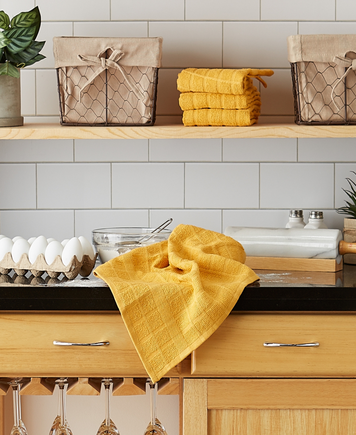 Design Imports Basic Terry Collection Windowpane Dishtowel Set, 16x26", Honey Gold Solid, 4 Piece In Honey Gold