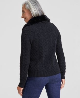 Women's Cashmere Faux-Fur-Collar Cable-Knit Jacket, Created for Macy's