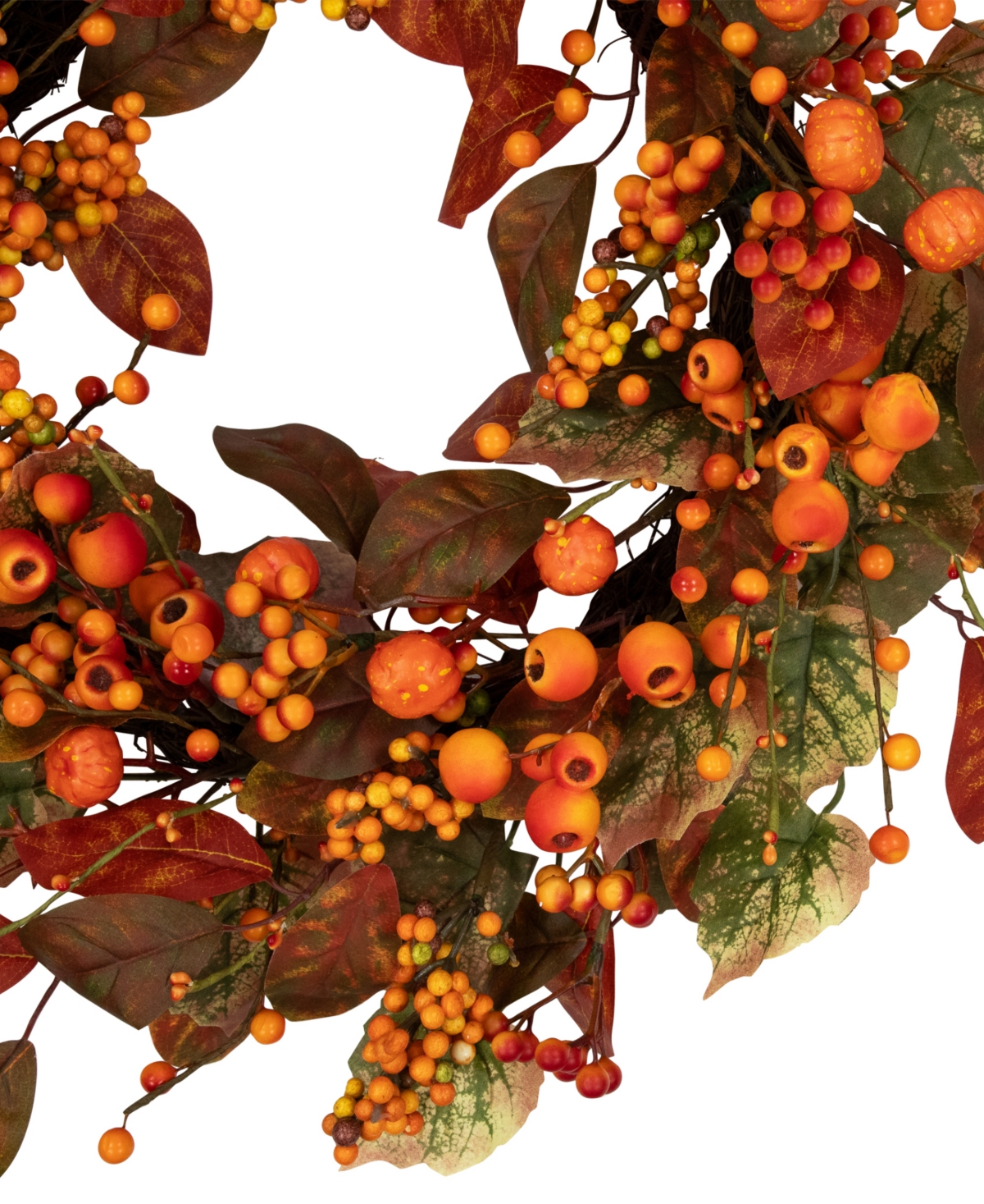 Northlight Berries and Pumpkins Artificial Fall Harvest Wreath - -and Green - Unlit - Orange