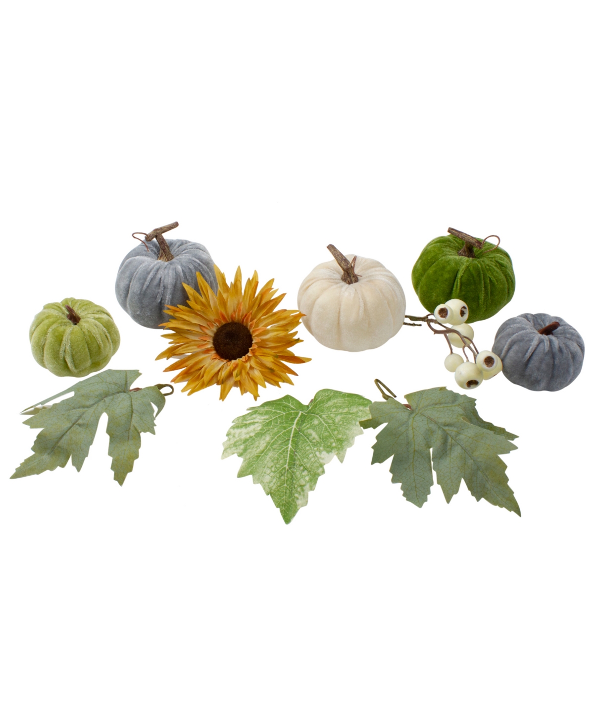 Set of 10 Pumpkins Berries Flowers and Leaves Thanksgiving Decor Set - Green