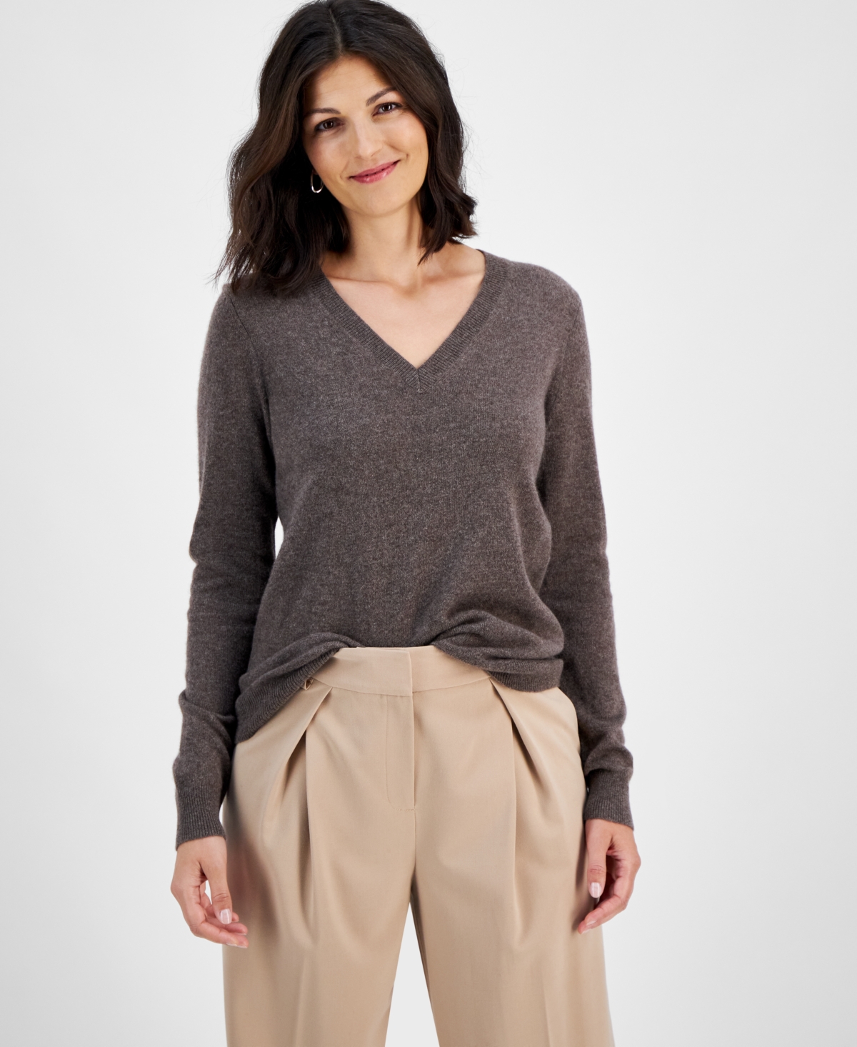 Charter Club 100% Cashmere Women's V-neck Long-sleeve Sweater, Created For Macy's In Frosted Mocha Heather