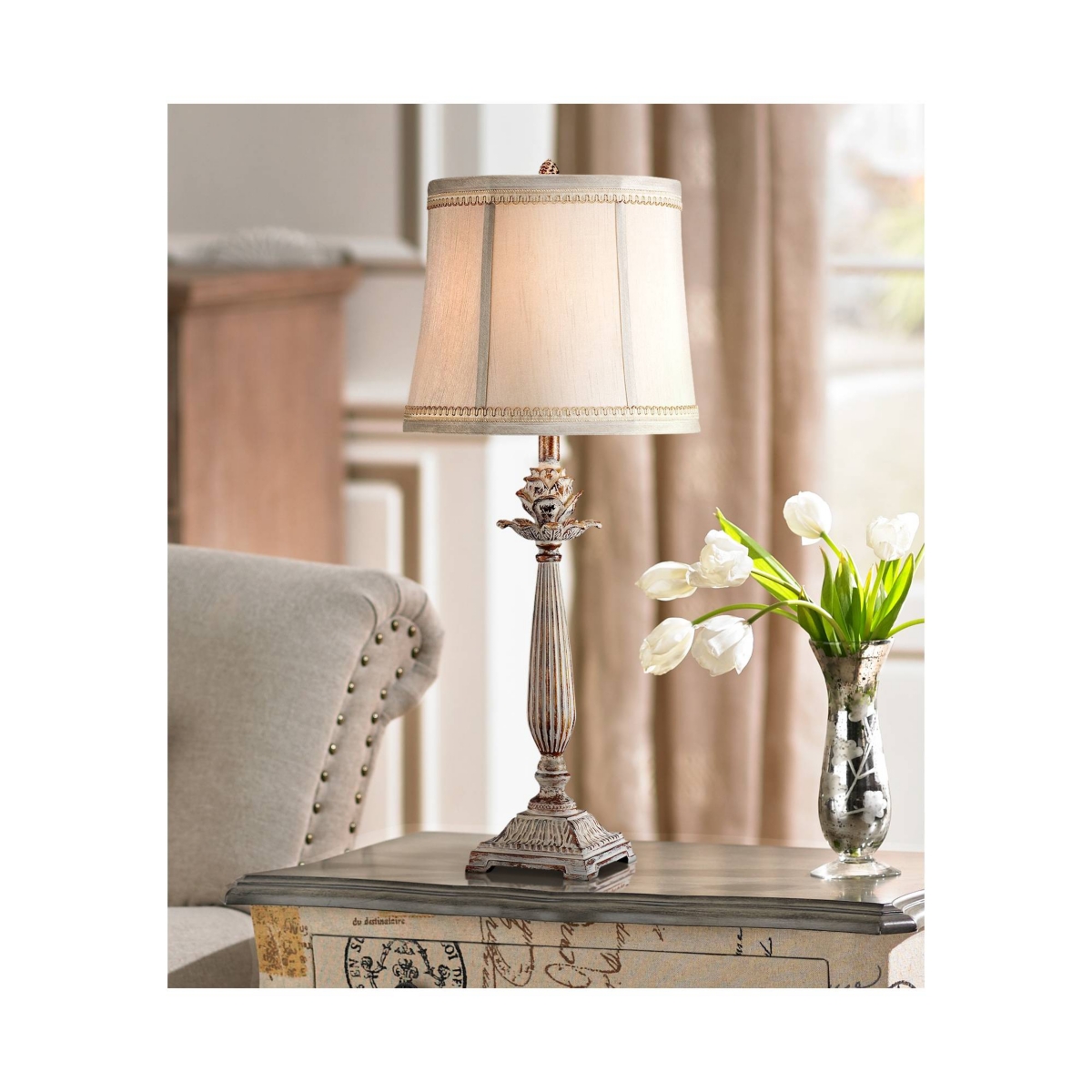 Regency Hill Shabby Chic French Country Cottage Table Lamp Tall AntiqueWashed Petite Artichoke Font Beige Fabric Bell Shade for Living Room