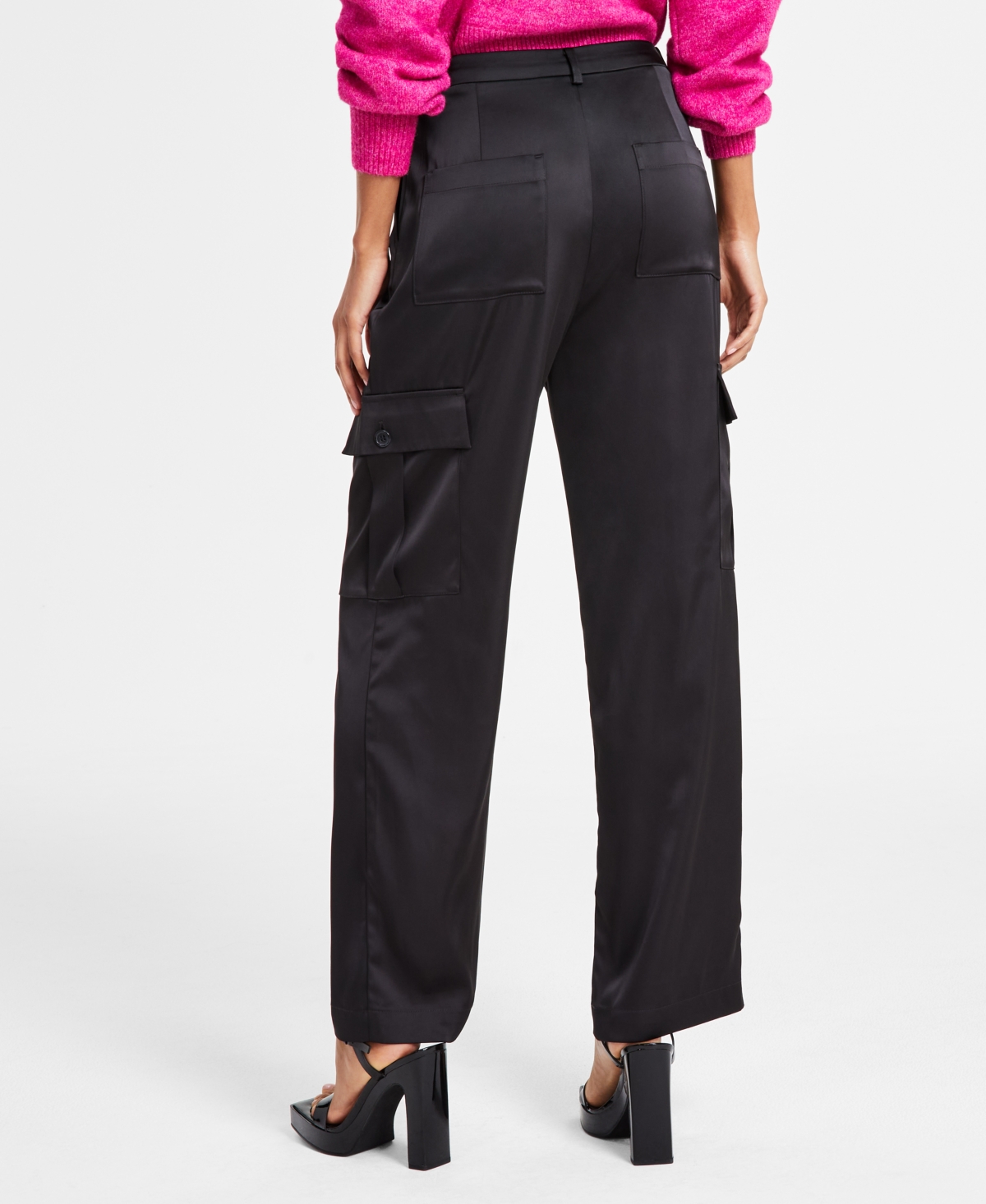 Dkny Jeans Women's Stretch Satin Cargo Wide-Leg Pants - BLK - BLACK