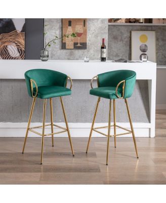 2 Green Velvet Bar Stools with Chrome and Golden Accents