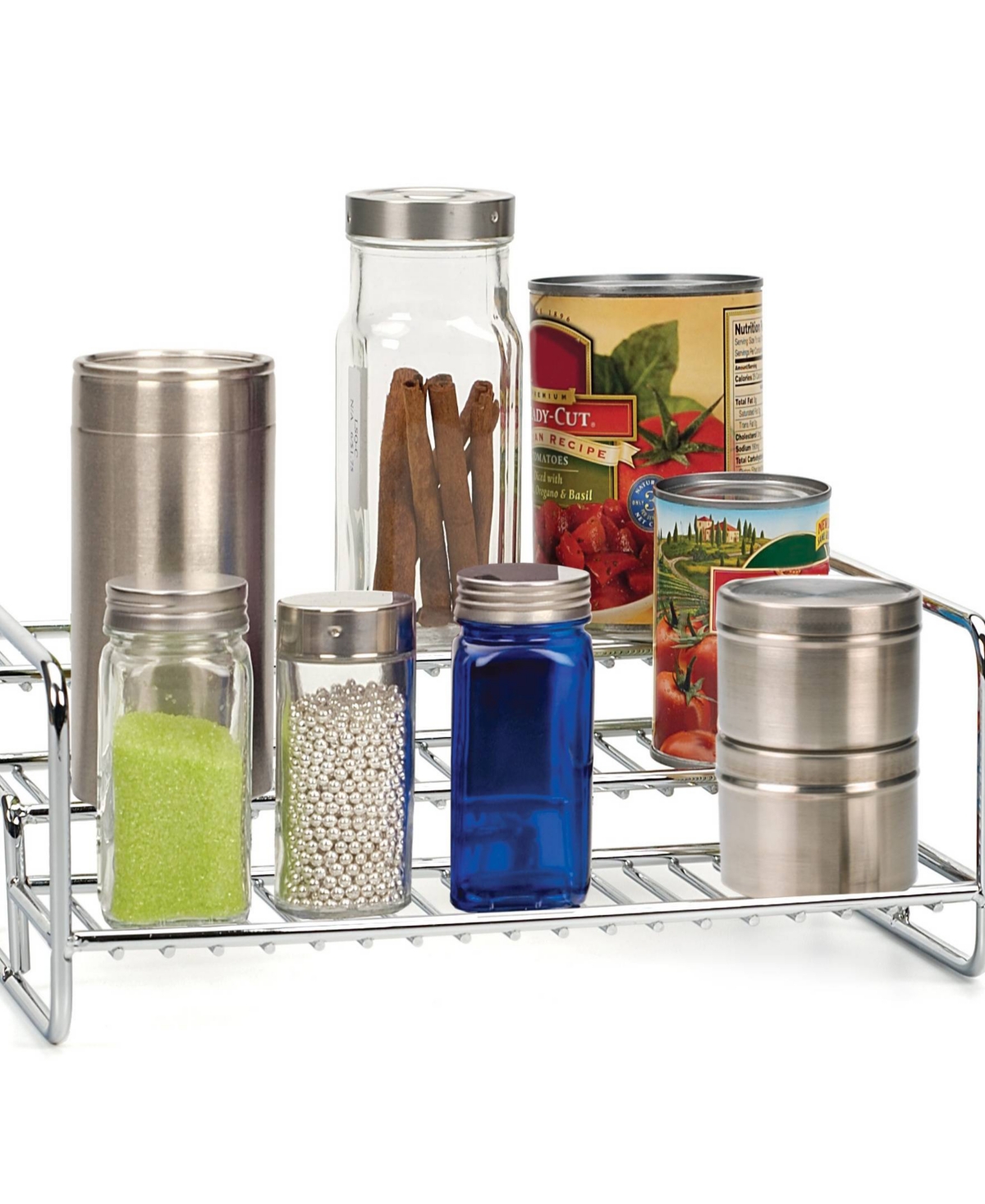 RSVP INTERNATIONAL STAINLESS STEEL 11" X 8.5" X 4" 3 TIER SPICE/CAN RACK 
