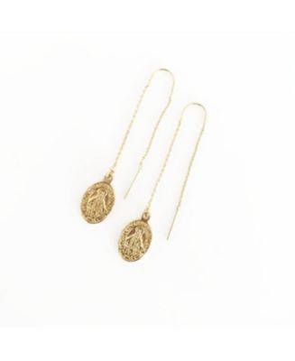 sanctuaire Dainty Oval Saint Medallion Coin Threader Drop Earrings Gold ...