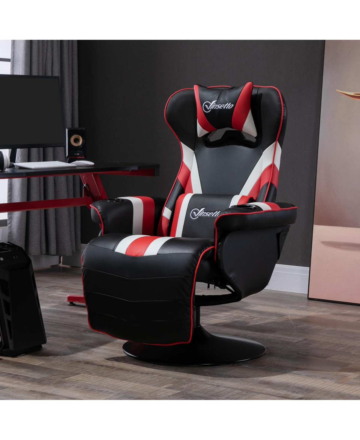 Vinsetto Rocker Recliner with Padded Cushion and Swivel Metal Base,Red/White - Black, red, white