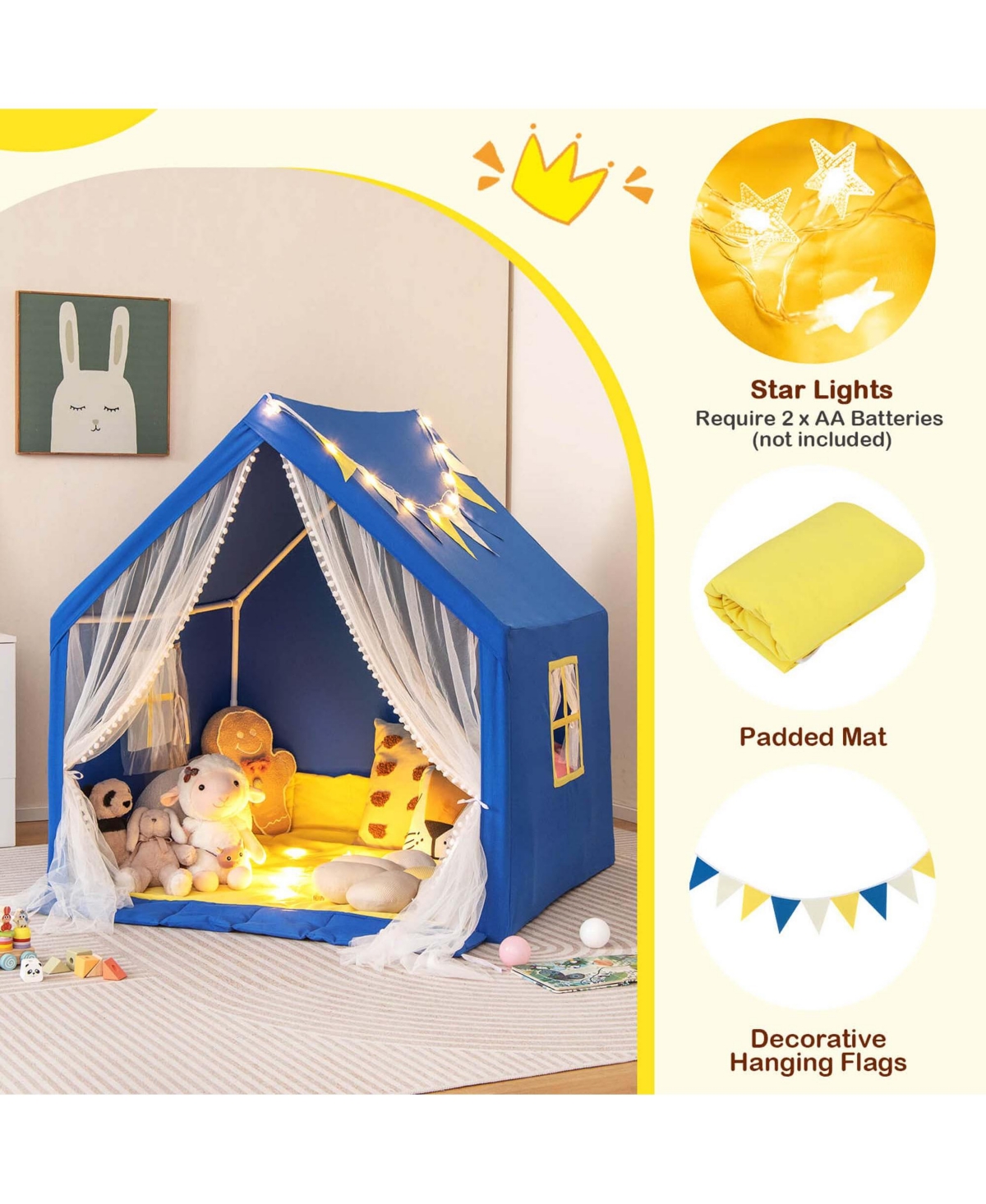 Costway Play Tent Kids & Toddlers Playhouse with Washable Cotton Mat, Star Lights