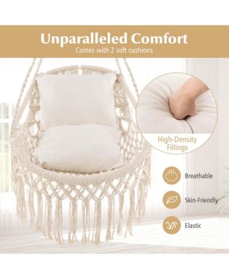Indoor Outdoor Macrame Swing with Soft Seat Cushions Sturdy Hanging Rope & Chain