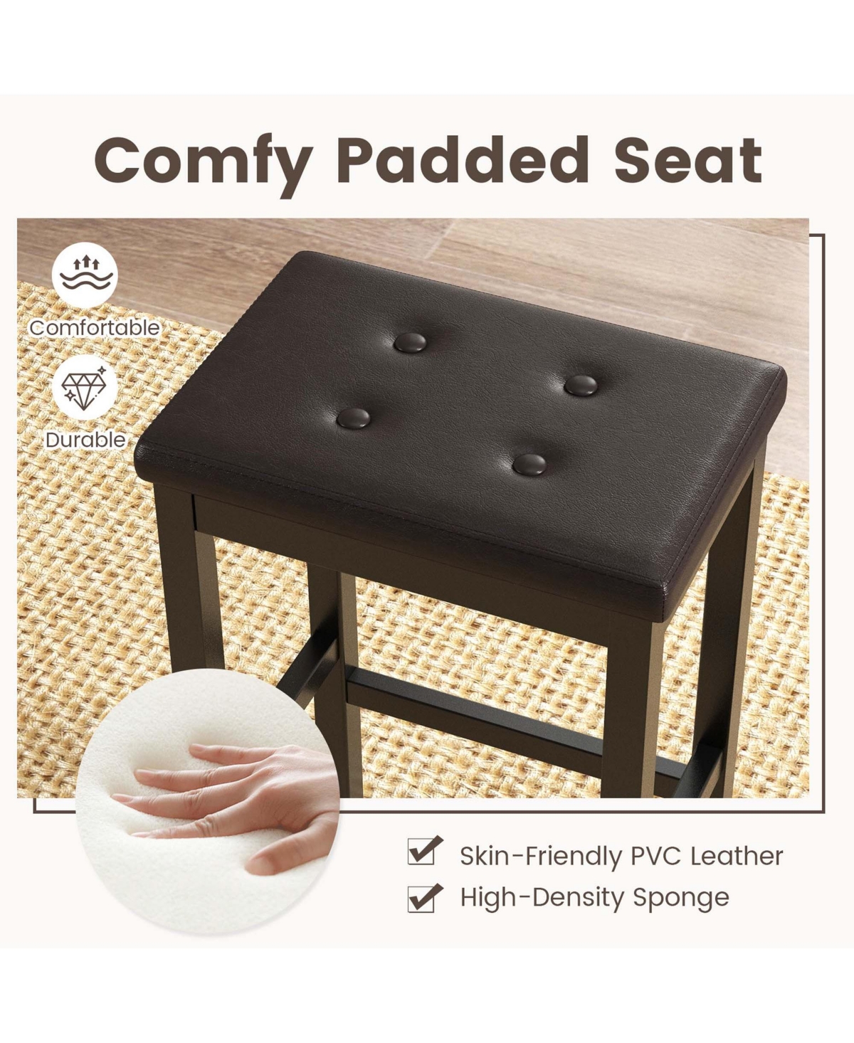 Costway Set of 2 Rubber Wood Bar Stools Counter Height Stool with Padded Seat