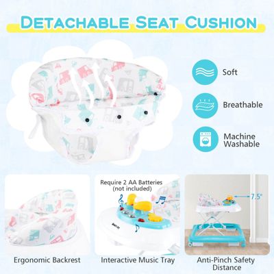 Foldable Baby Walker with 3 Adjustable Heights Comfy Padded Seat Music Tray