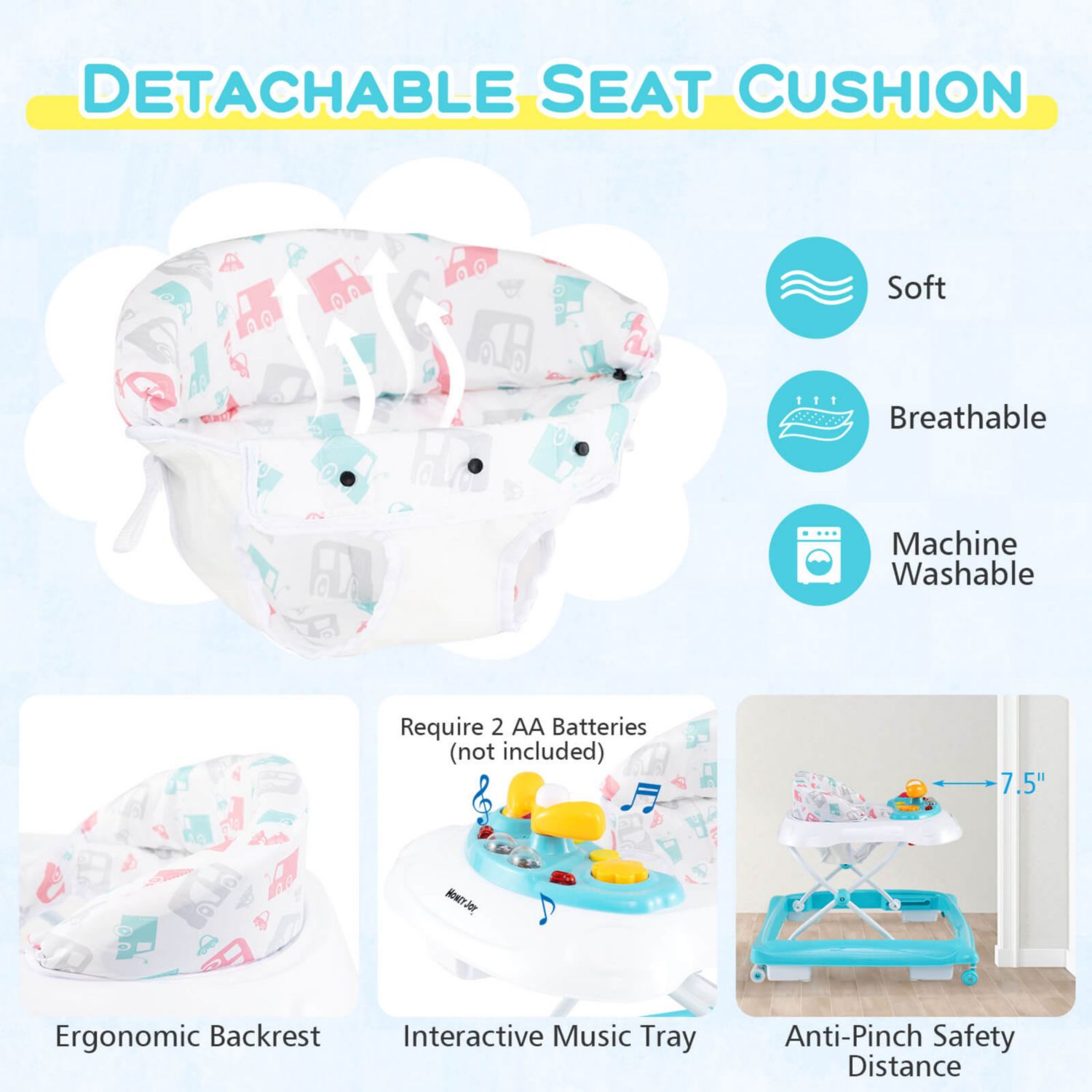 Foldable Baby Walker with 3 Adjustable Heights Comfy Padded Seat