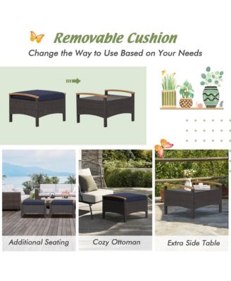 Set of 2 Patio Rattan Ottoman Footrest Cushions Wooden Handle