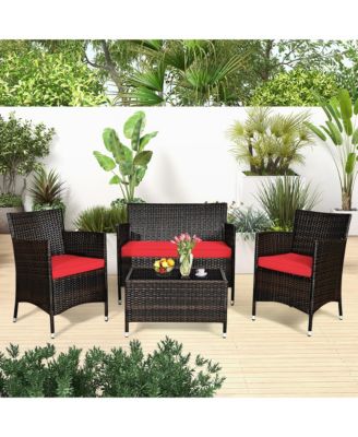 4PCS Patio Furniture Set Rattan Conversation Set W/ Tempered Glass Coffee Table