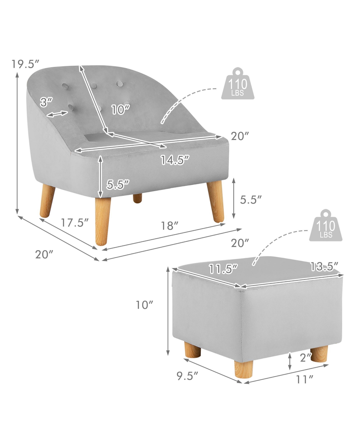 Costway Kids Sofa Chair w/ Ottoman Toddler Single Sofa Velvet Upholstered Couch