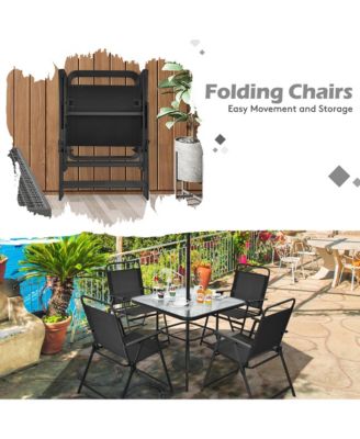 6PCS Patio Furniture Dining Set Folding Chairs Glass Table W/Umbrella Deck