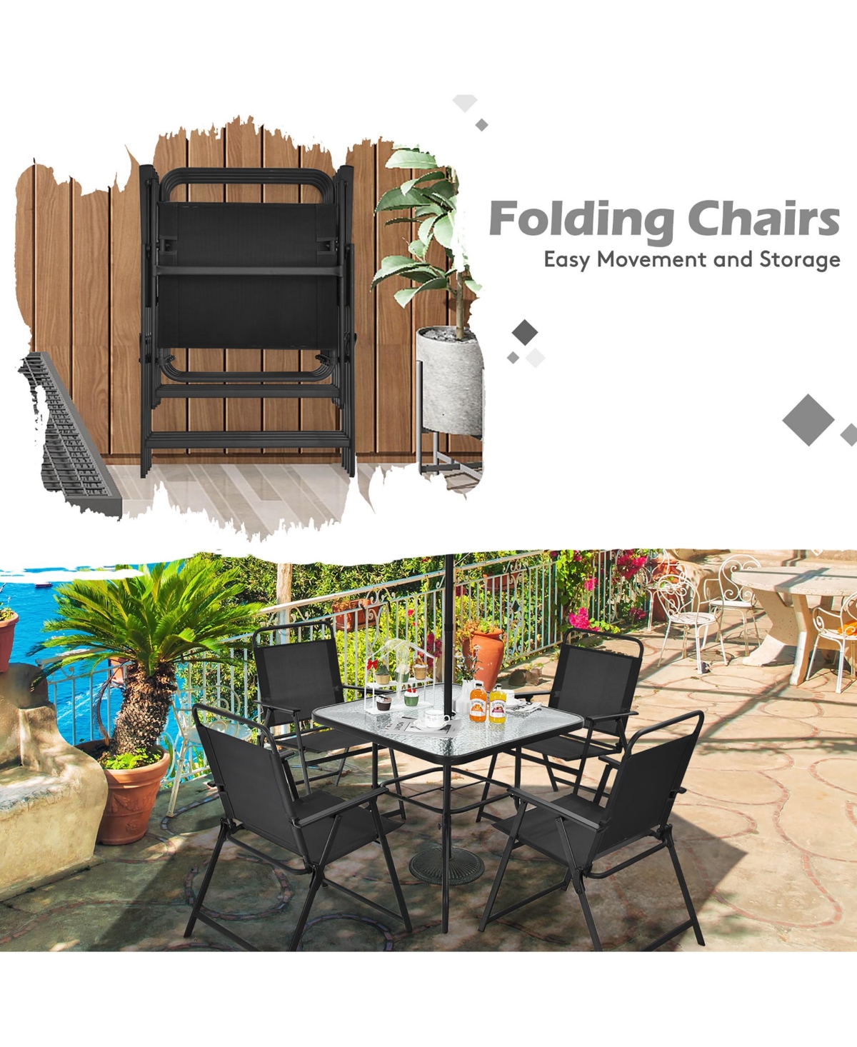 6PCS Patio Furniture Dining Set Folding Chairs Glass Table W/Umbrella Deck