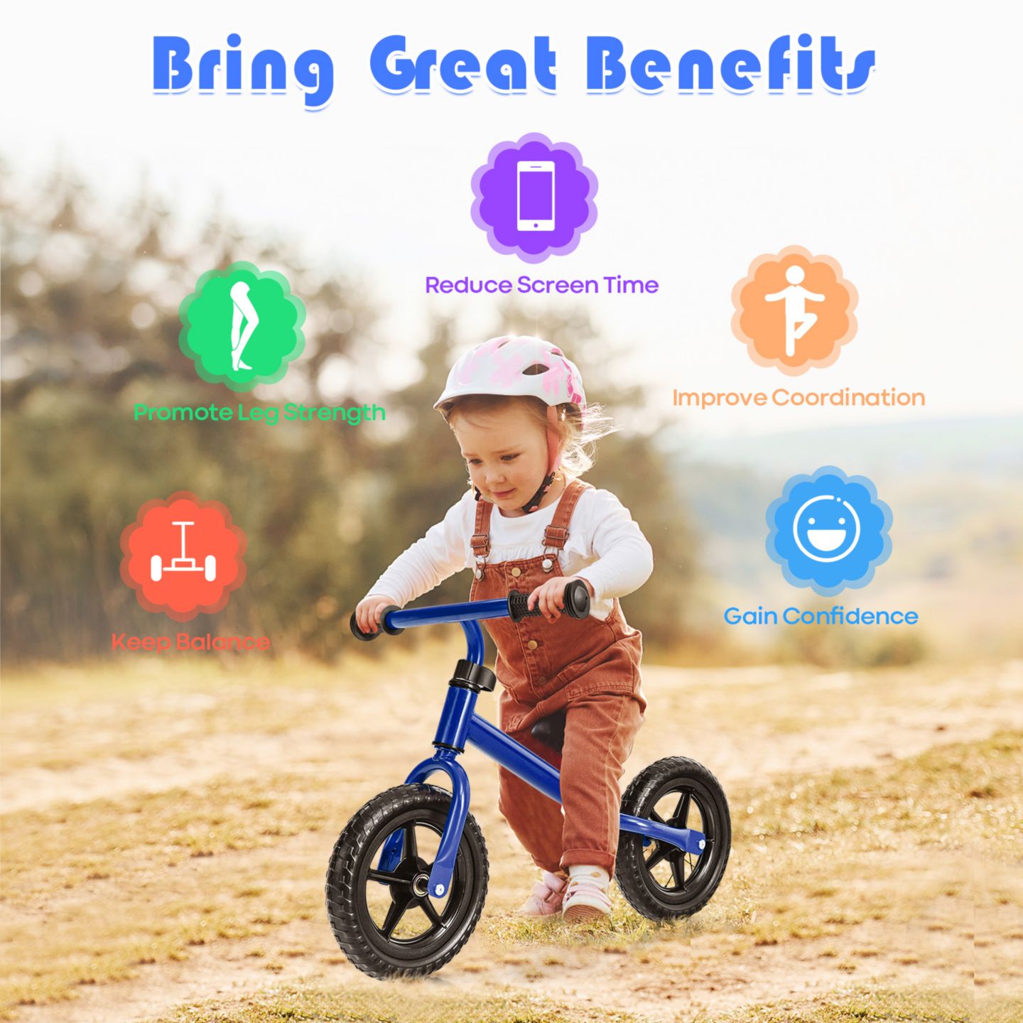Детская игрушка Costway Kids' Lightweight No-Pedal Adjustable Balance Bike, 55 lb. Weight Capacity, от 2 лет, цвет: Синий — фото 9