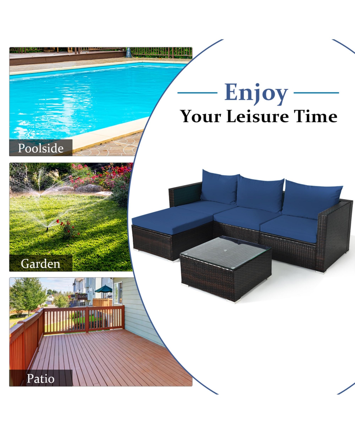 Gymax 5PCS Cushioned Rattan Patio Conversation Set w/ Ottoman Navy Cushion - Navy+brown