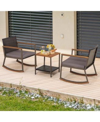 3 PCS Patio Rattan Rocking Chair Bistro Set Armrest Cushion Table with Storage Shelf