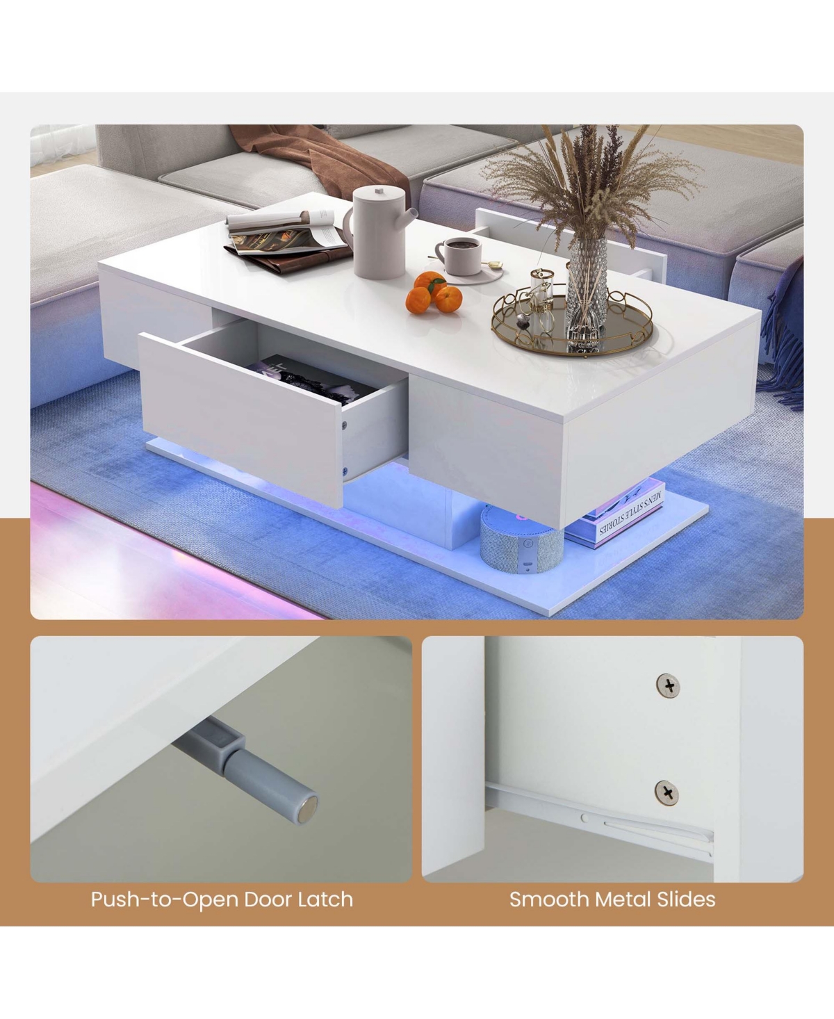 Costway Led Coffee Table with 2 Drawers 20-Color Dimmable Led Lights & Remote Control