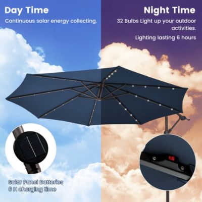 Patio 10FT Hanging Offset Umbrella 32 LED Lights Sand Bag Outdoor Cross Base