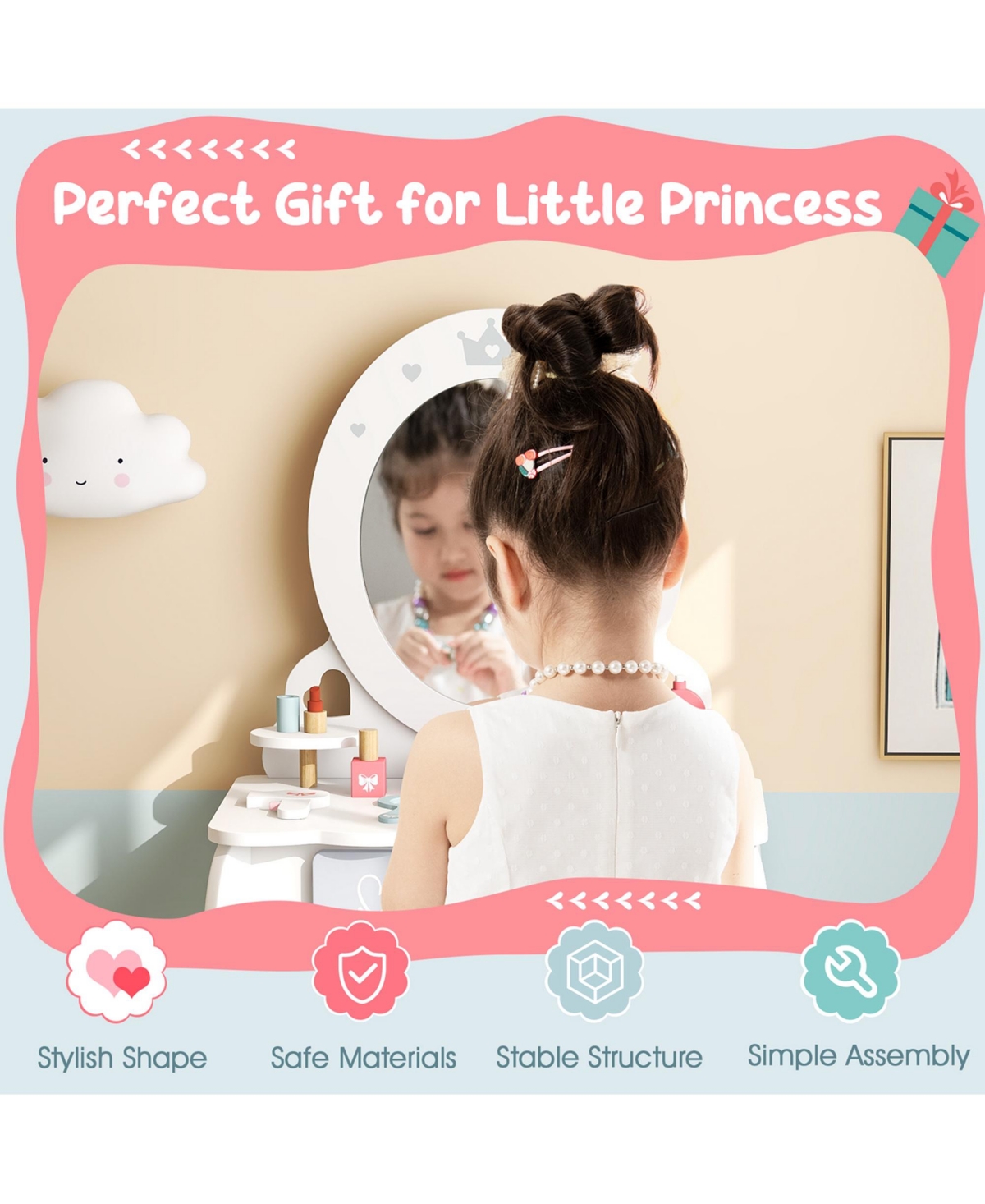 Costway Kids Vanity Set Makeup Table & Chair Sweet Accessories Included Storage Drawer